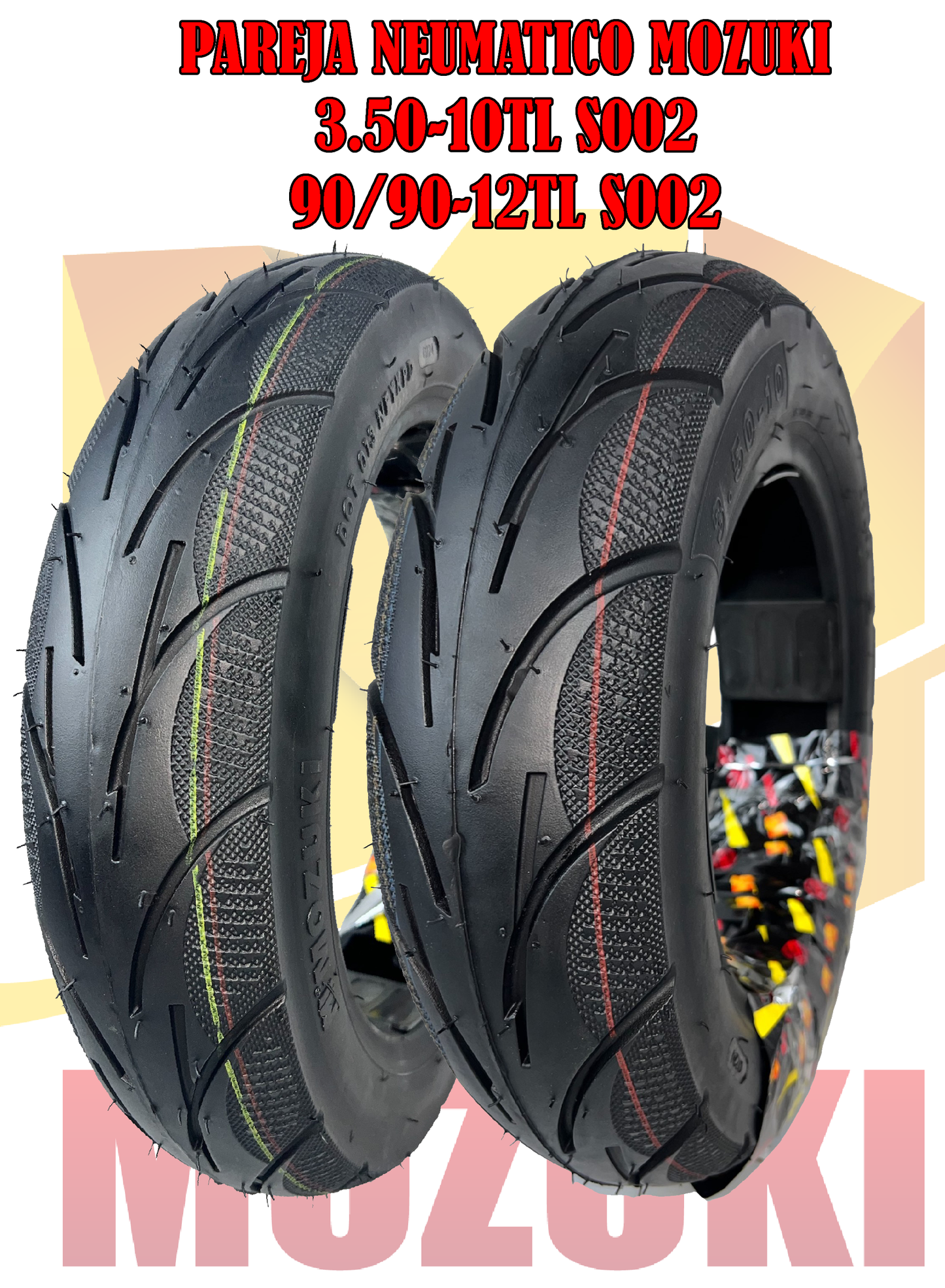 PAREJA DE NEUMATICOS MOZUKI 3.50/10 Y 90/90-12 S002 TUBULAR